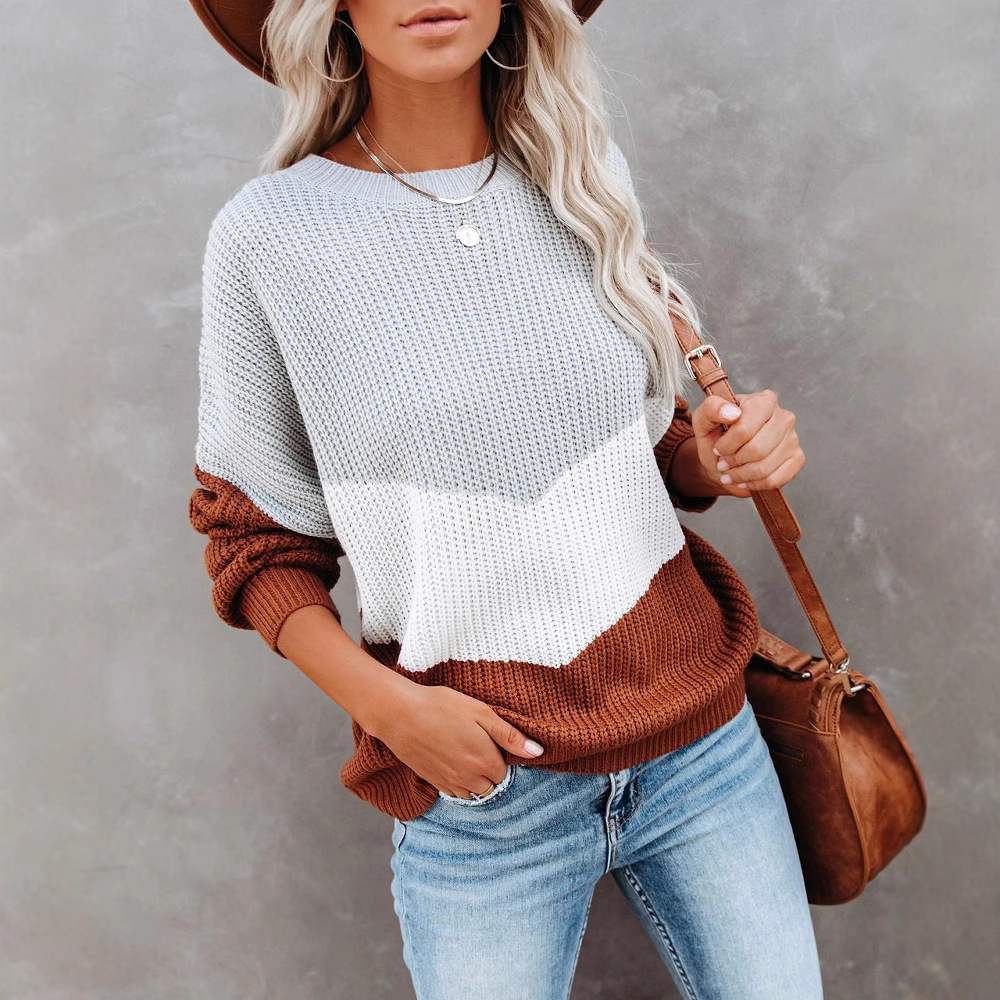 Crewneck Pullover Knit Sweater with Color-Block Splicing, Loose Fit