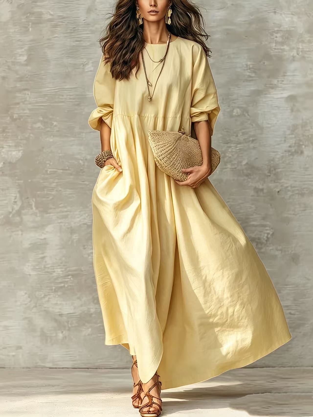 Crewneck Long Sleeve Loose A-Line Midi Dress with Pockets