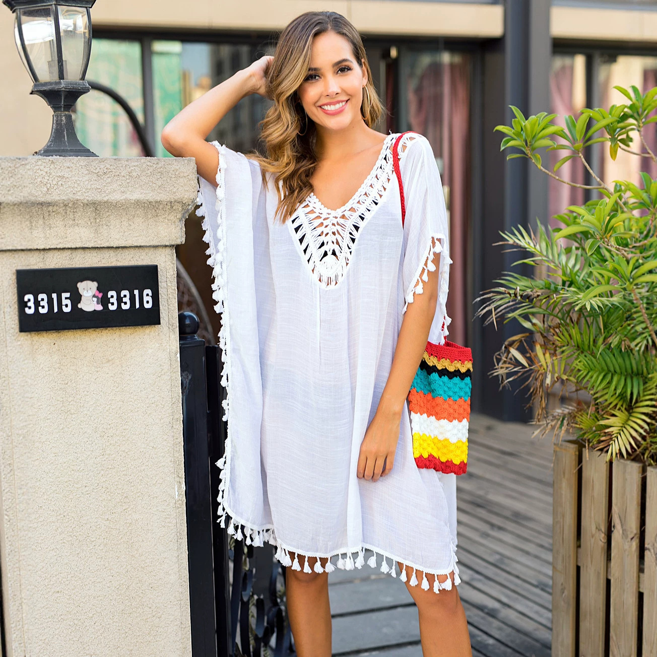 Women's Crochet Fringe Open-Back Beach Cover-Up Dress