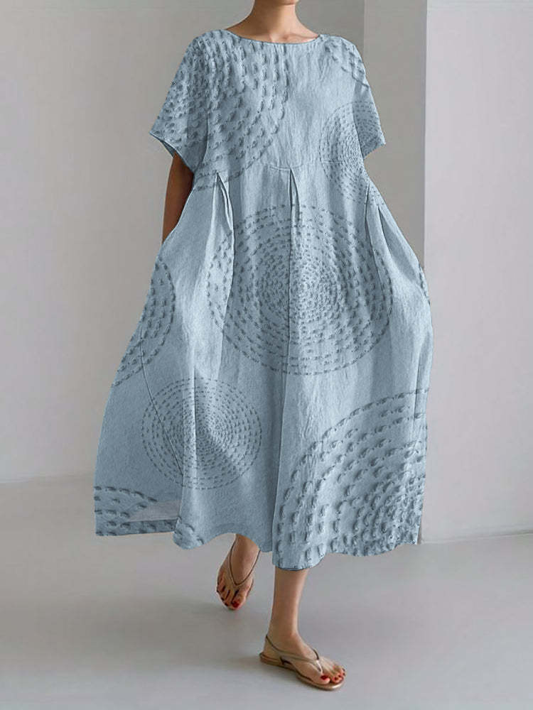 Women's Vintage Floral Print A-Line Midi Dress with U-Neck and Short Sleeves