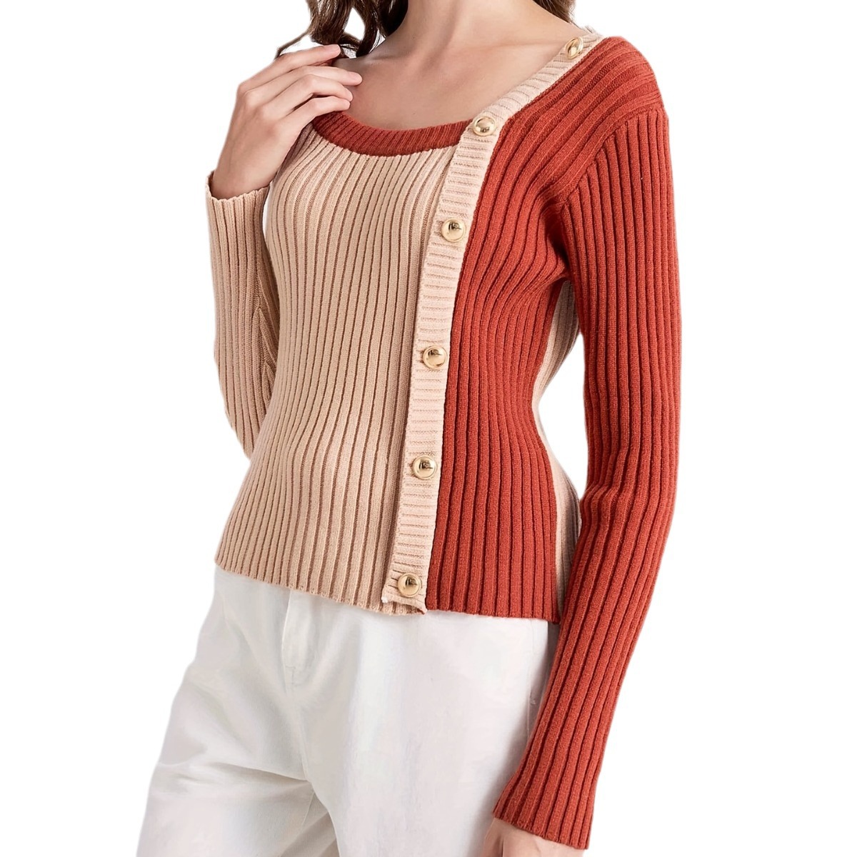Color-Block Asymmetric Neck Knit Sweater with Faux Buttons