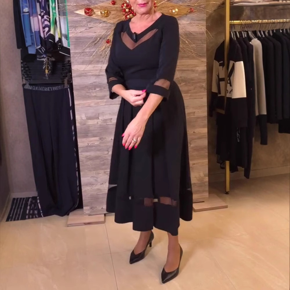 Women's Long Sleeve V-Neck Mesh Panel Waist-Cinched Solid Dress