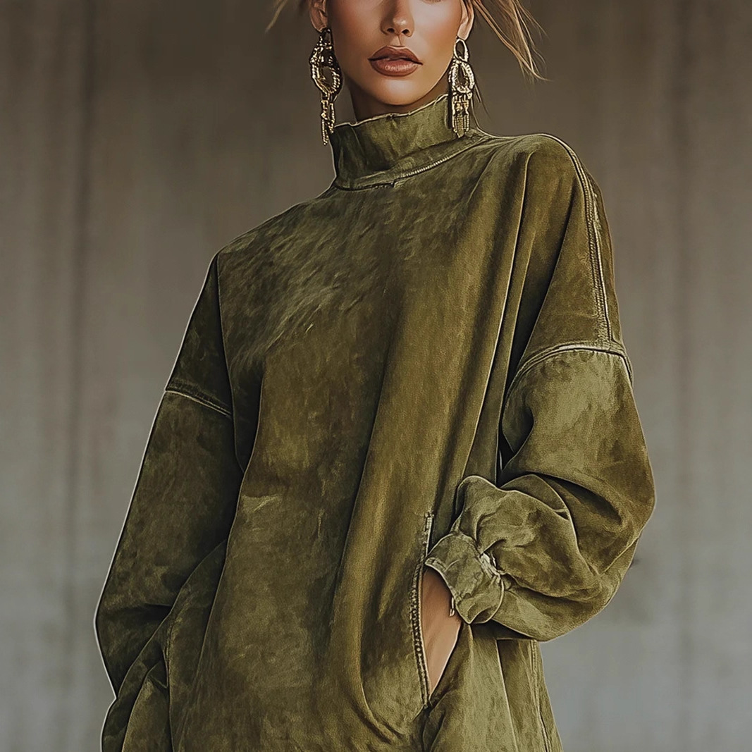 Faux Suede High Neck Loose Fit Tassel Long Sleeve Dress with Pockets