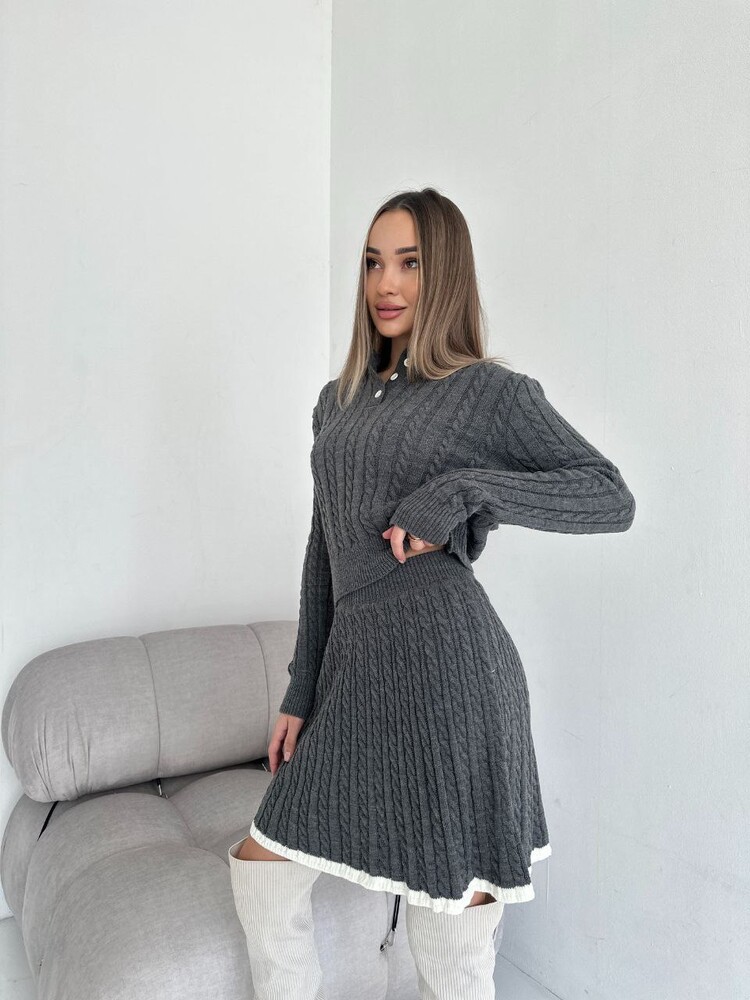 Women's Casual Knit Sweater and Mini Skirt Two-Piece Set with Button Detail