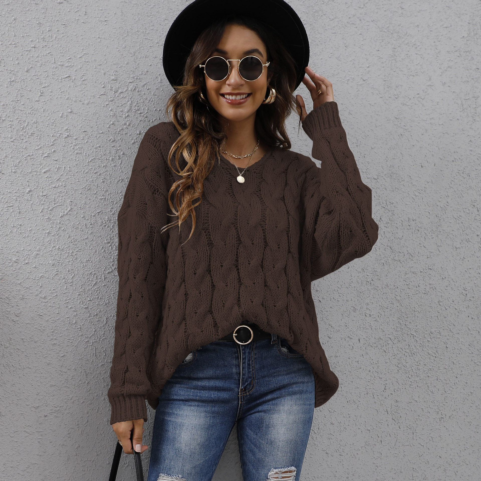 Women's Chunky Cable Knit V-Neck Hooded Pullover Sweater