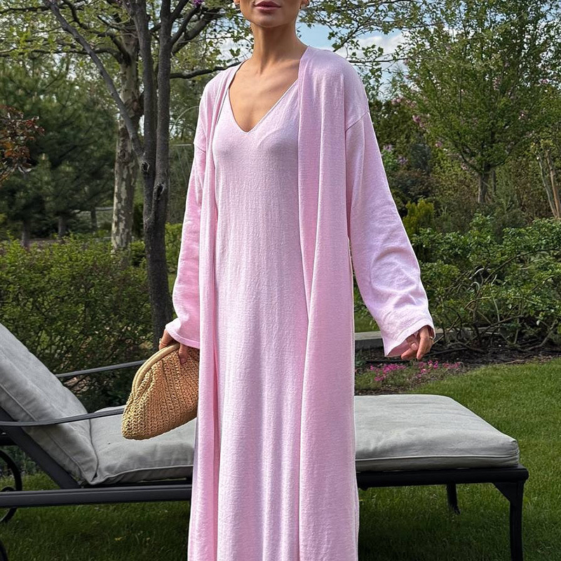 Women's Solid Color Sleeveless Midi Dress and Long Sleeve Cardigan Knit Set