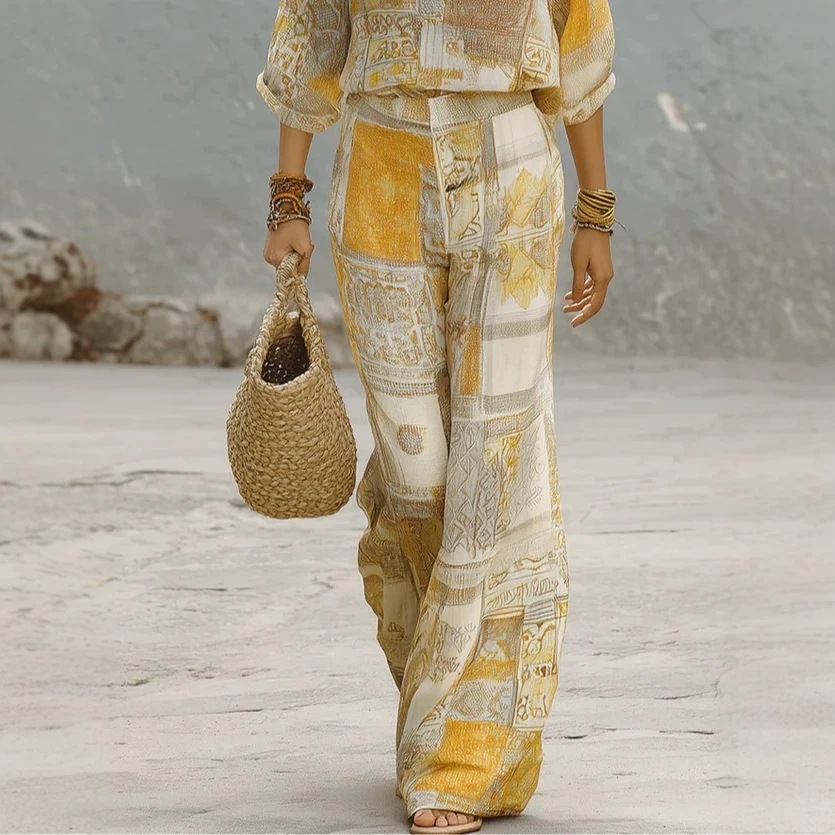 Floral Print Wide-Leg Two-Piece Pants Set with V-Neck Top