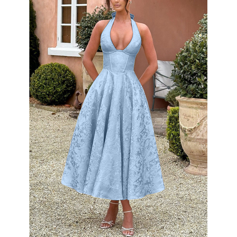 V-Neck Halter Jacquard Evening Dress Sleeveless Open-Back A-Line Long Gown