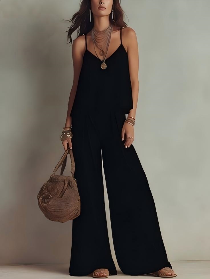 French Square-Neck Cami & Wide-Leg Pants Two-Piece Set