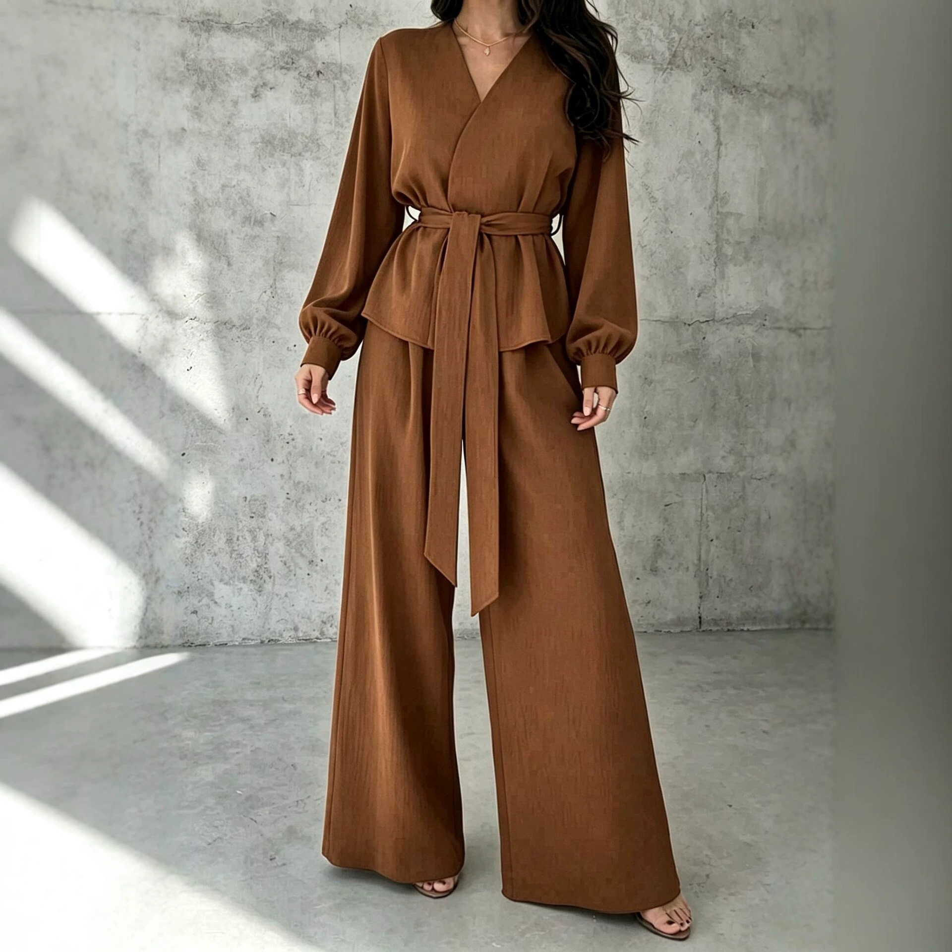 V-Neck Tie Long Sleeve Wide-Leg Pants Casual Two-Piece Set