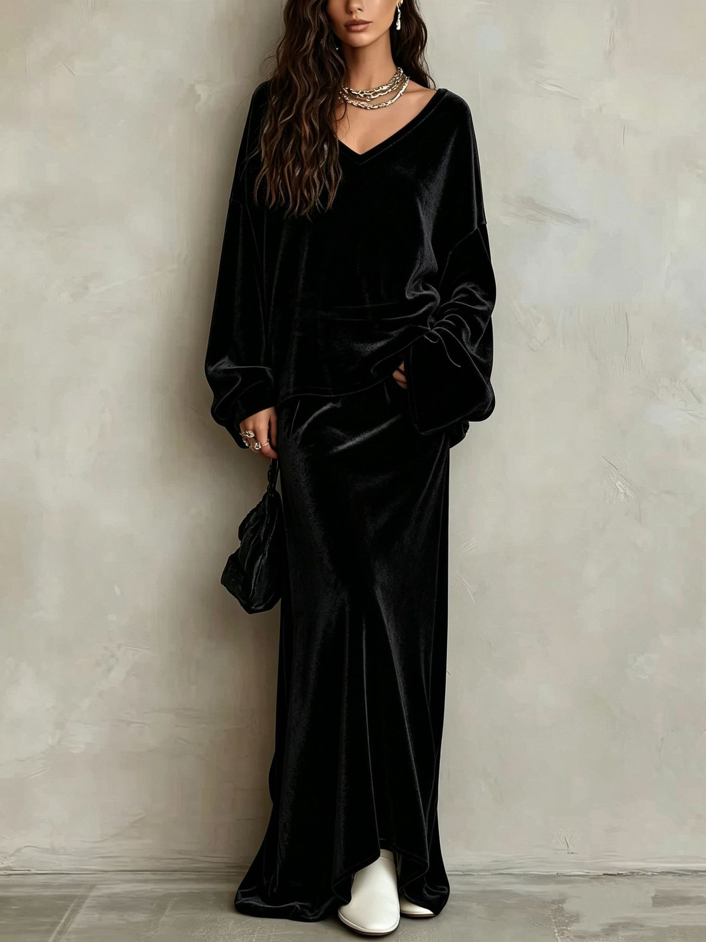 Solid Velvet V-Neck Long Sleeve Women's Skirt Set