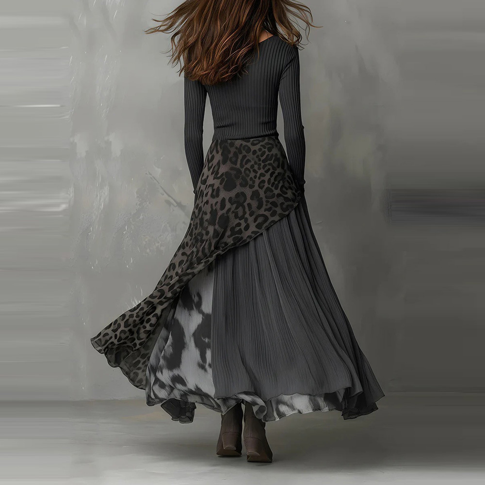 Leopard Print High Waist Long Sleeve Maxi Dress