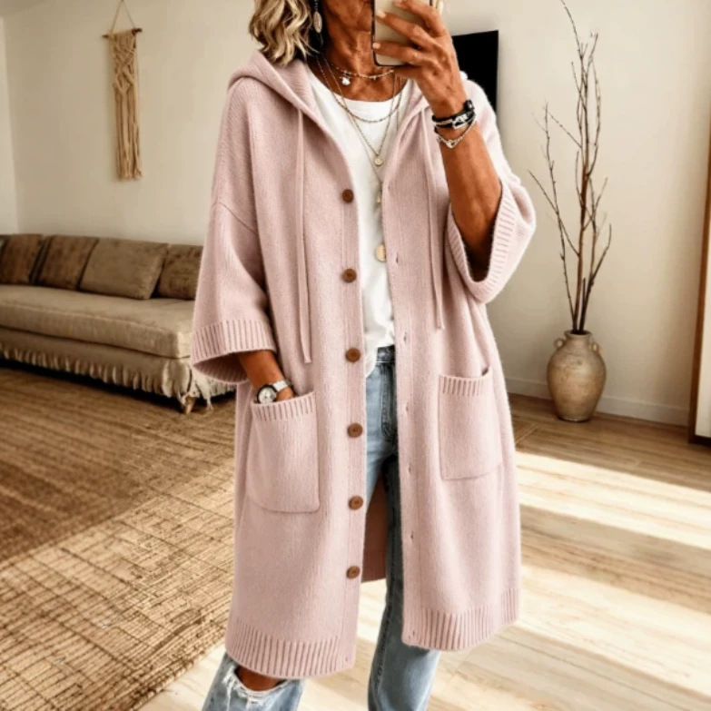 Women's Knit Hooded Drawstring Sweater Loose Fit Long Sleeve