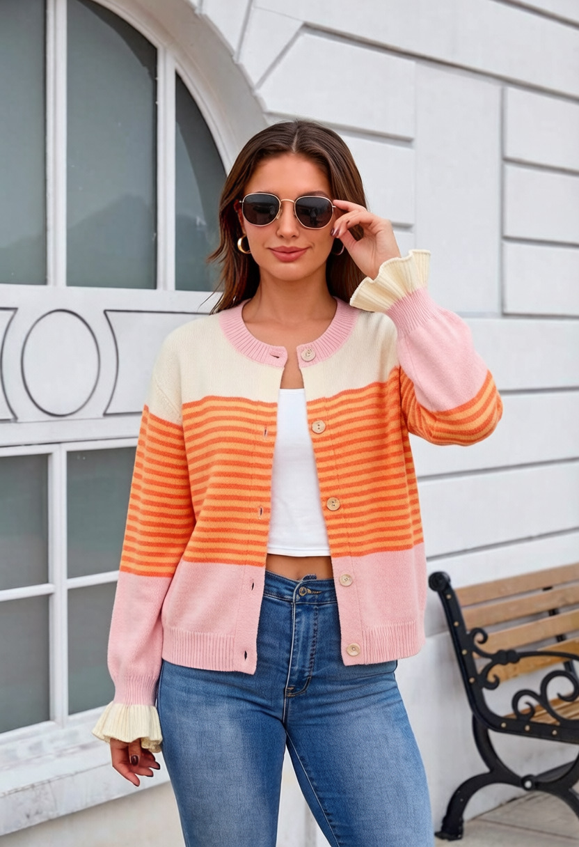 Color-Block Striped Crewneck Knit Cardigan Women's Loose Fit Sweater Coat