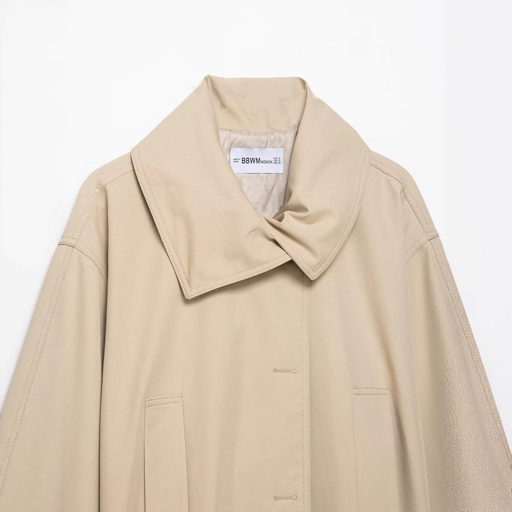 Women's Khaki Trench Coat and Shorts Set with Long Sleeves and Tie Detail