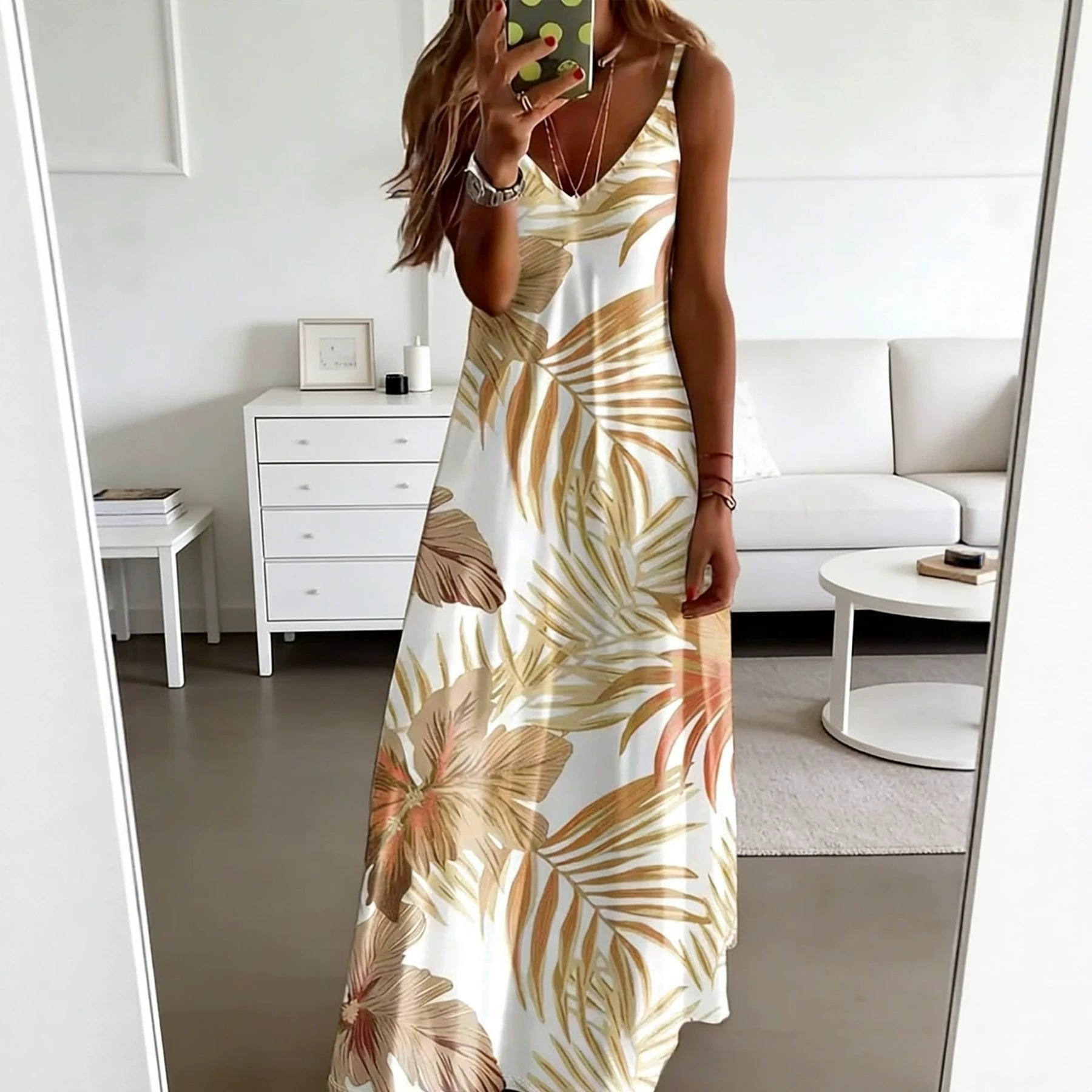 Women's Sleeveless Printed Midi Dress V-Neck A-Line Vacation Casual