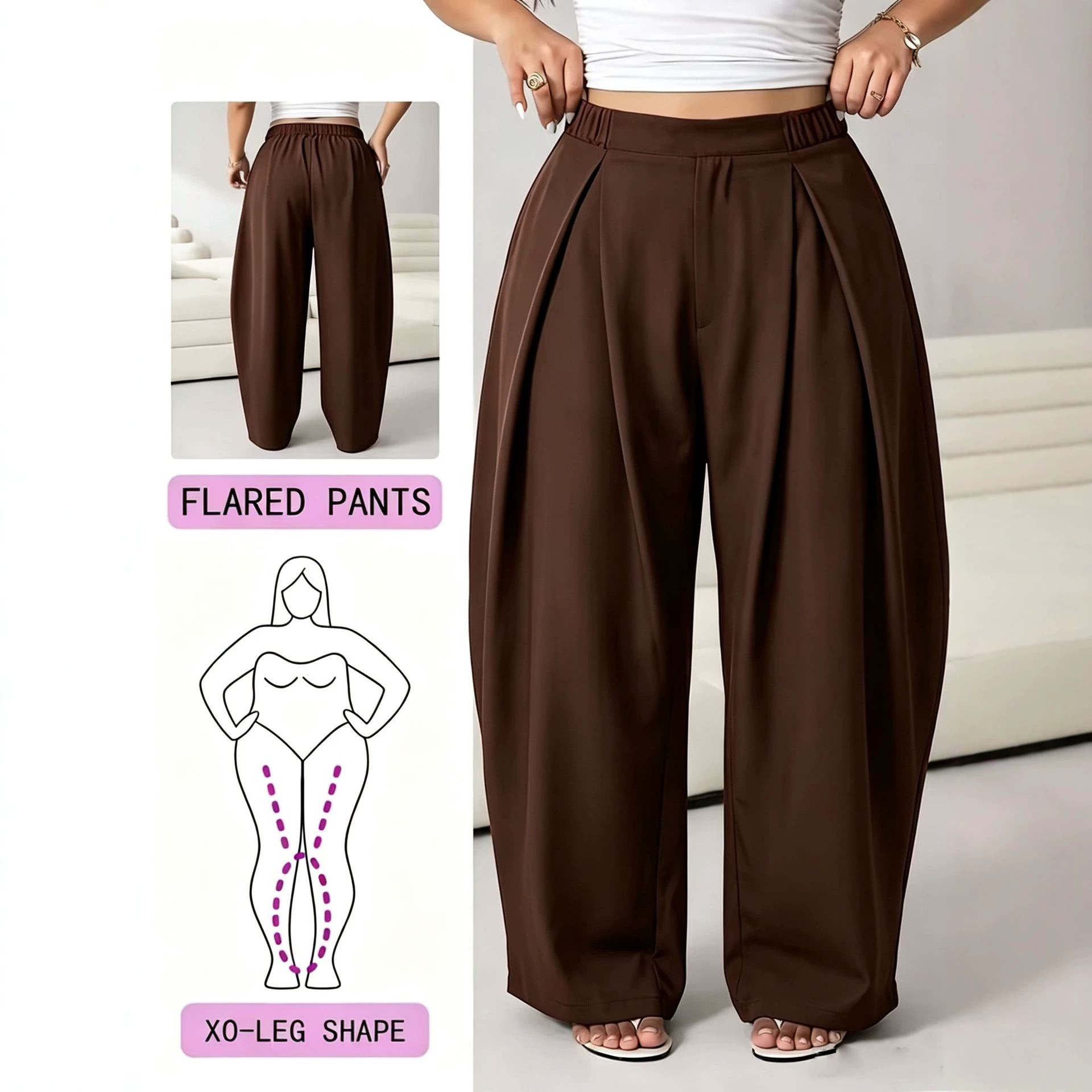 High-Waisted Pleated Wide-Leg Pants with Elastic Waist