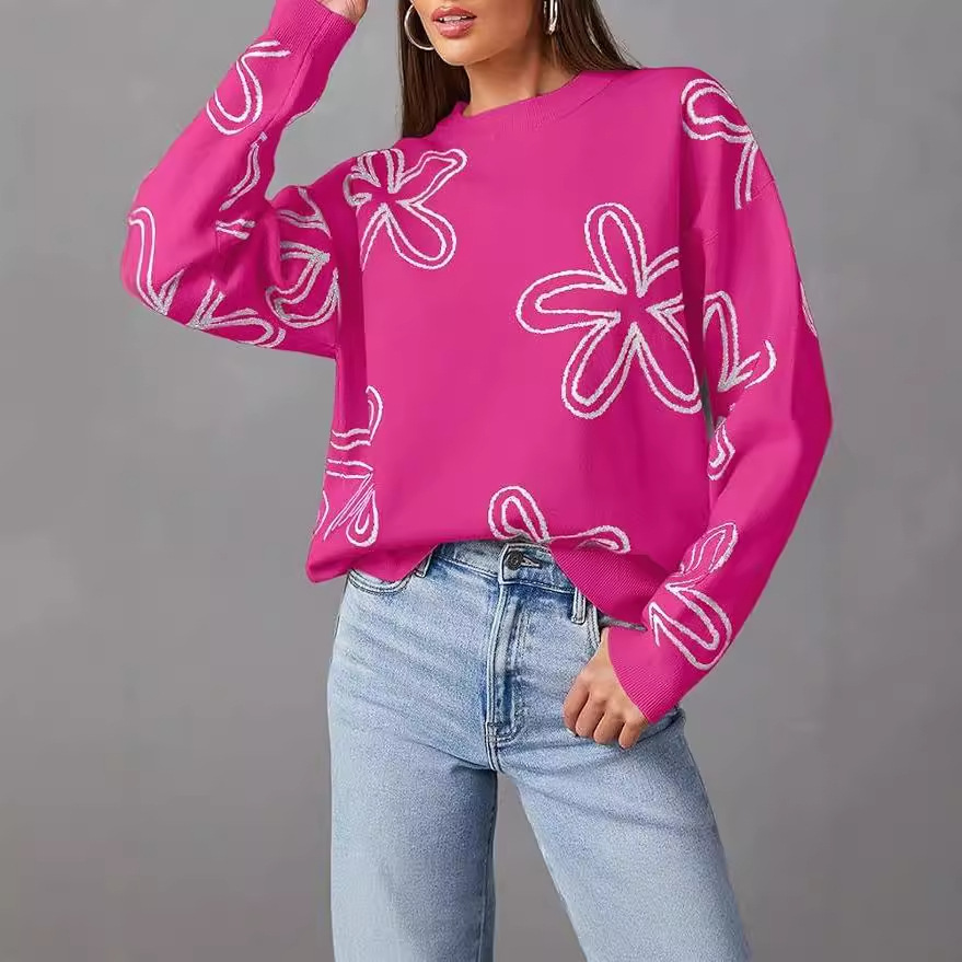Women's Floral Print Chunky Knit Crewneck Long Sleeve Pullover Sweater