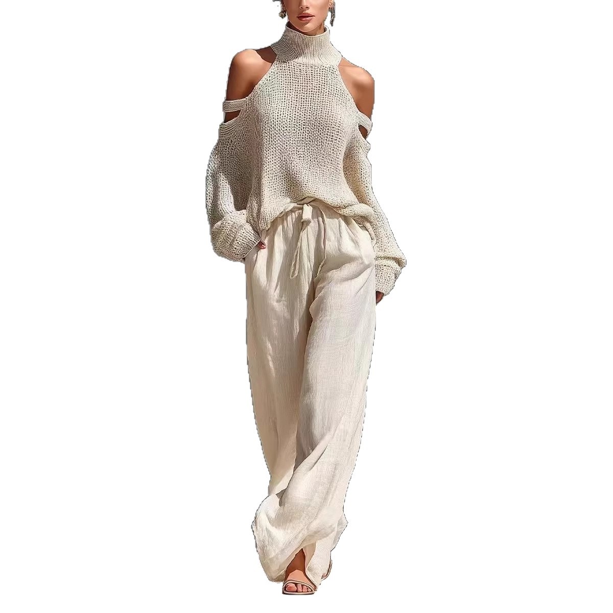 Women's Solid Color Long Sleeve High Neck Top and Pants Two-Piece Set