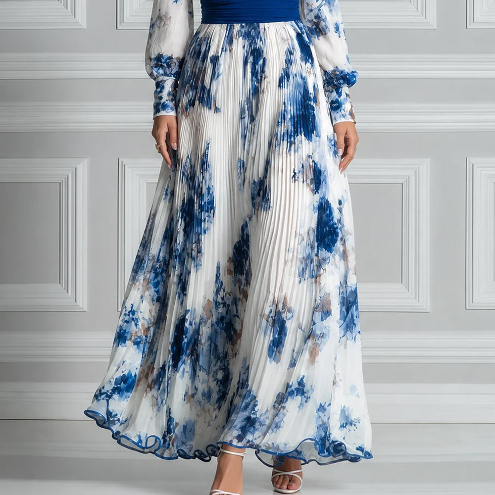 Women's Long Sleeve Floral Print V-Neck Midi Dress