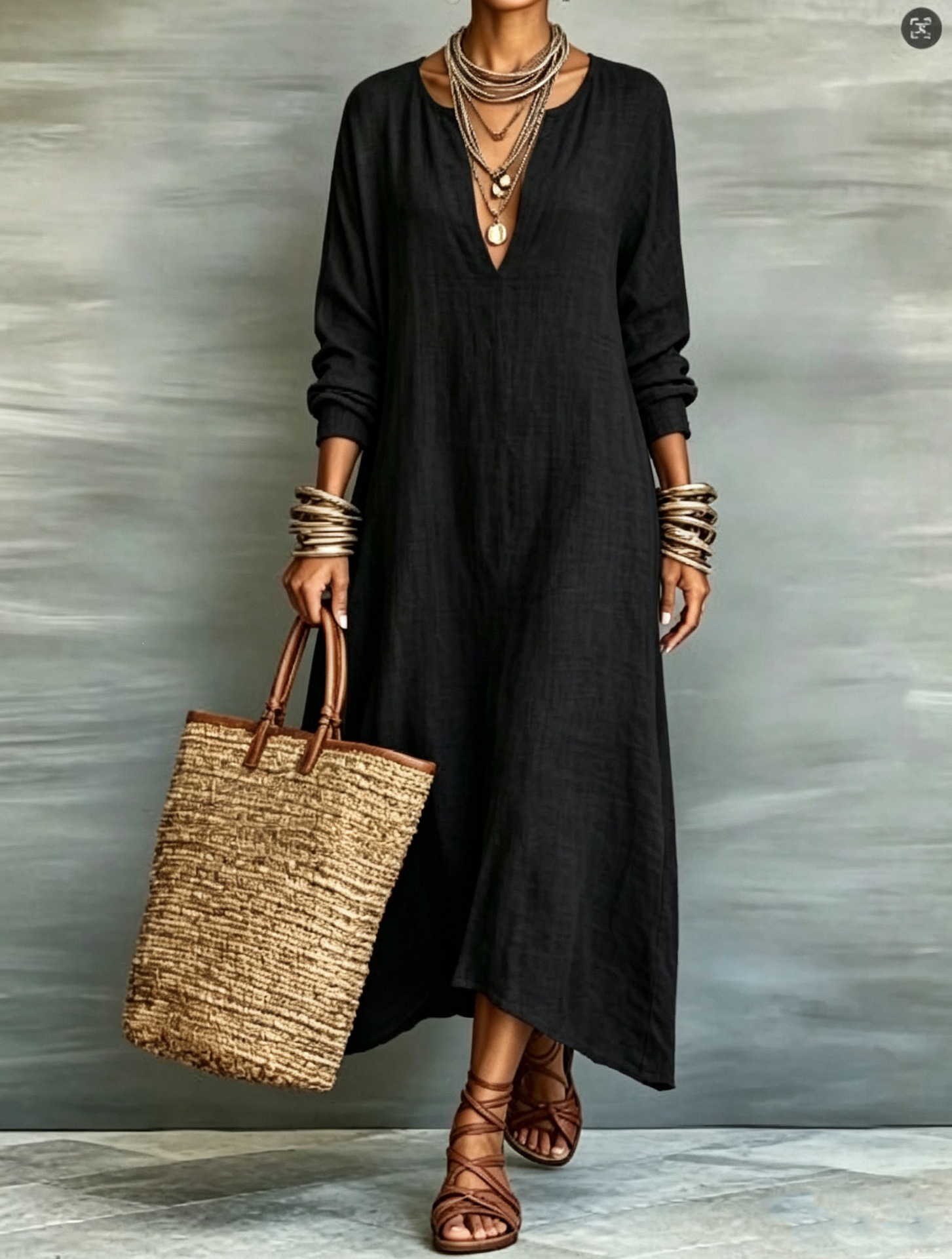 Retro Solid Deep V-Neck Long Sleeve Loose Maxi Dress
