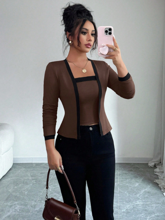Women's Knit Patchwork Cardigan Jacket and Vest Two-Piece Set
