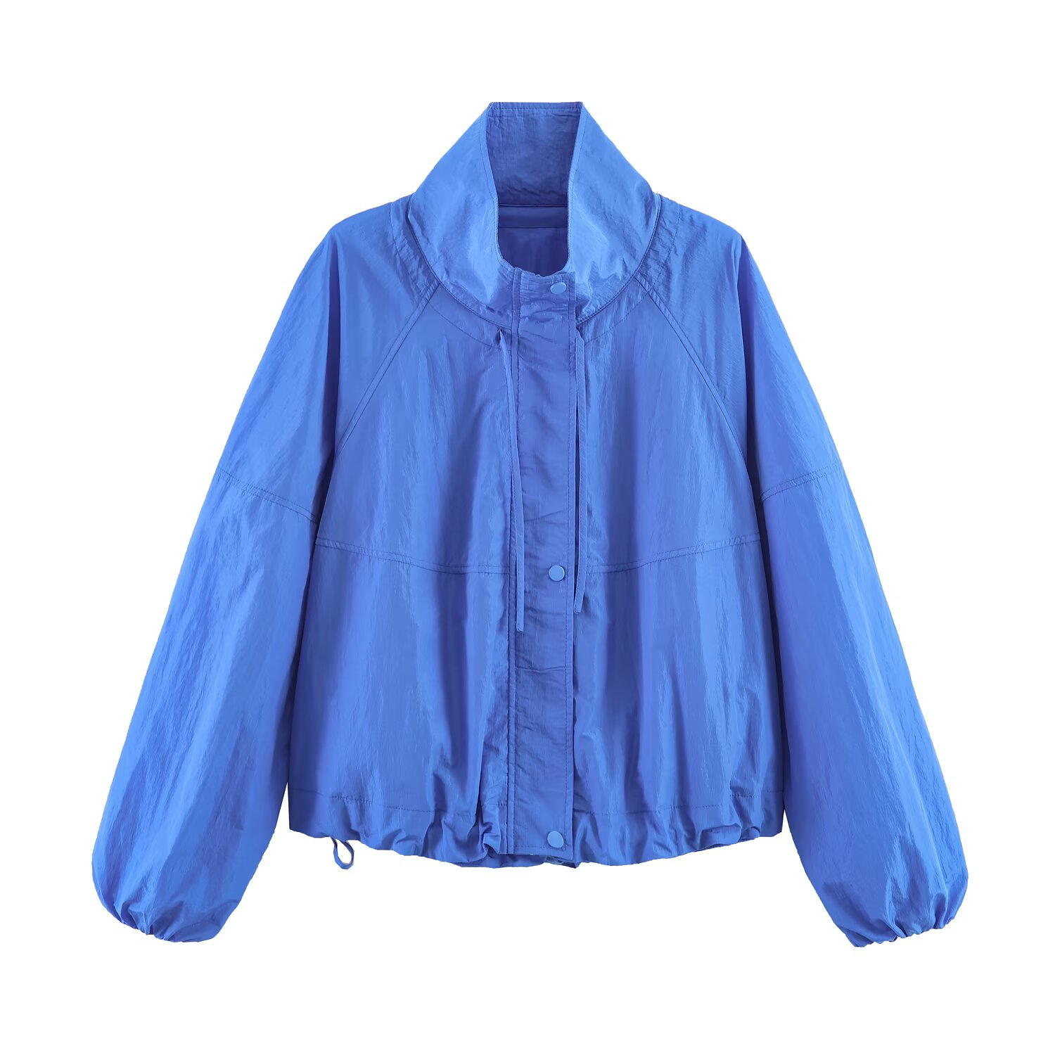 Women's Ruched Nylon Zip Jacket Casual Loose Fit Stand Collar Blue
