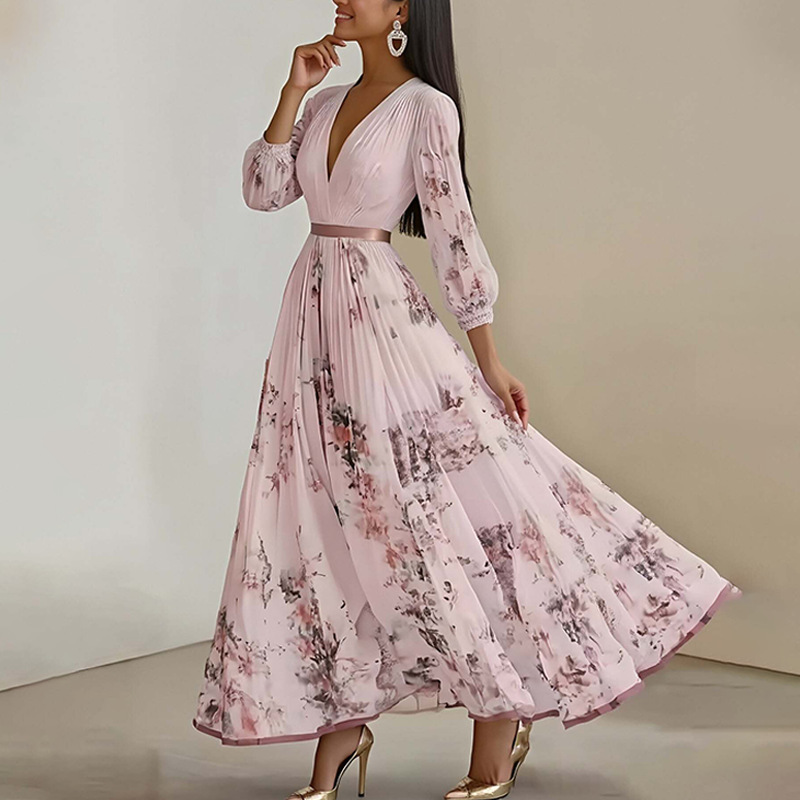Elegant Floral Print V-Neck Waist-Cinching French Dress