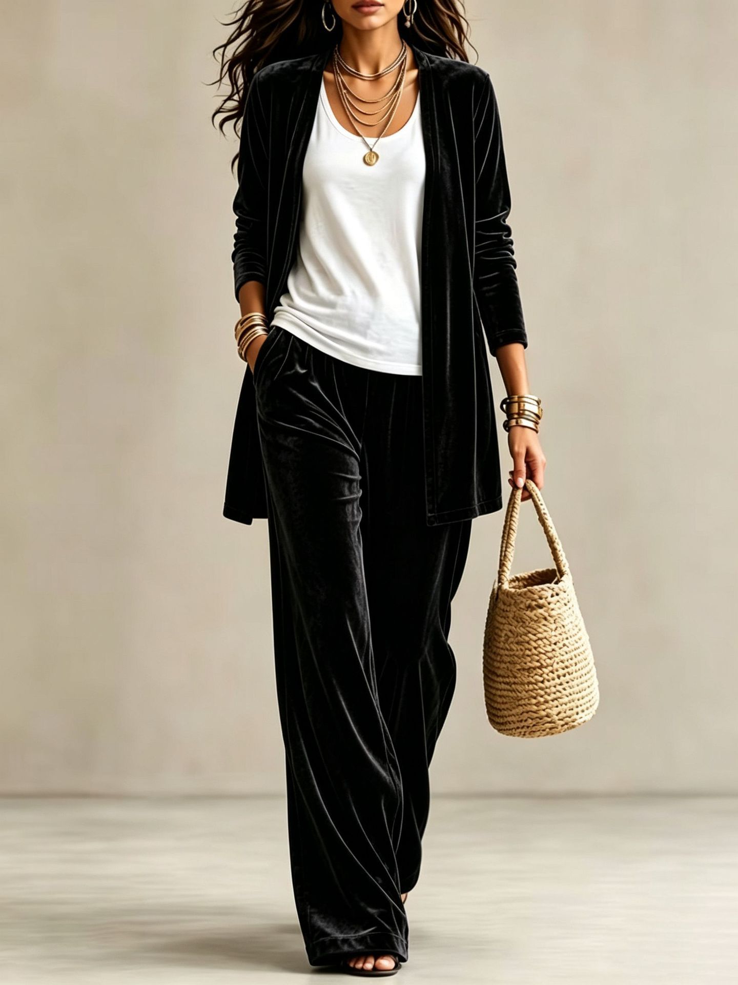 Women's 2-Piece Lounge Set: Solid Long Cardigan & High-Waist Wide-Leg Pants