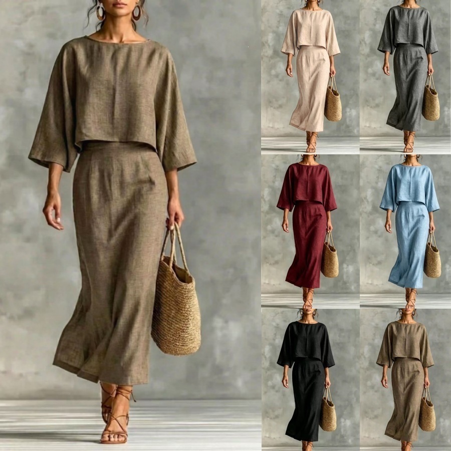 Women's High-Waist Midi Skirt Set with Round-Neck Seven-Sleeve Top