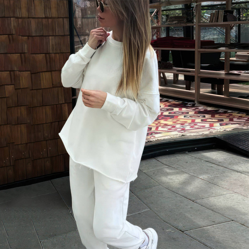 Women's Casual Solid Color Long Sleeve Top and Elastic Waist Pants Two-Piece Set