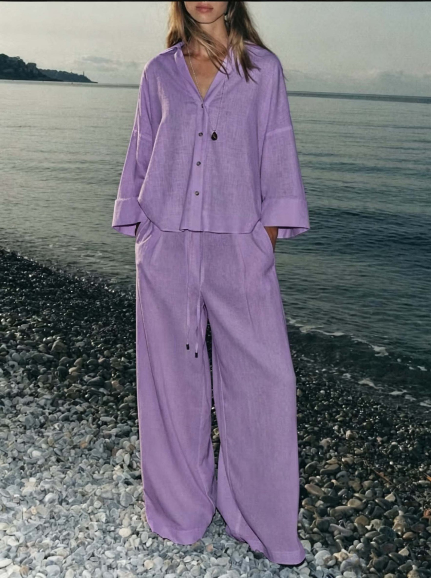 Women's Solid Color Shirt and Pants Set Casual Cotton Blend