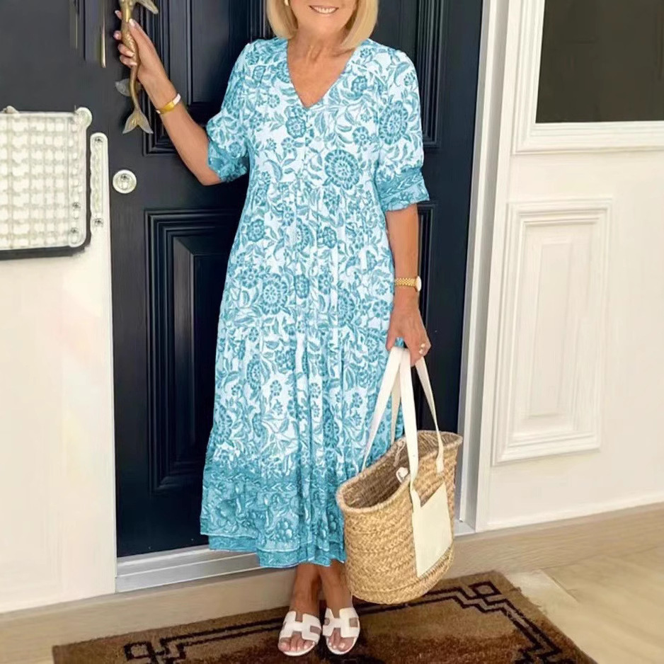 Women's Long Floral Tie-Dye Print Dress V-Neck Short Sleeve Commuter