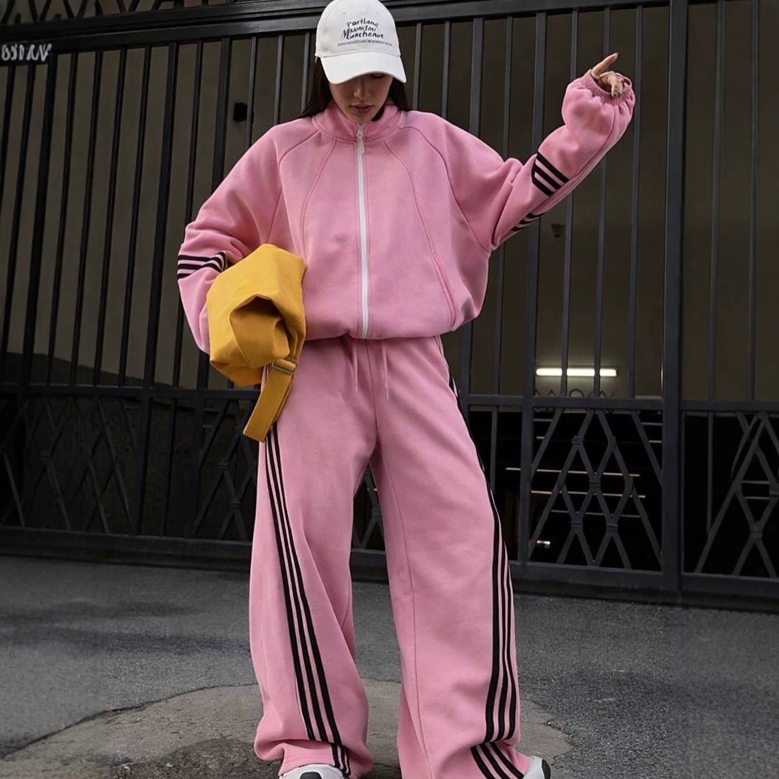 Color-Block Zip-Up Hooded Tracksuit with Classic 3-Stripe Two-Piece Set