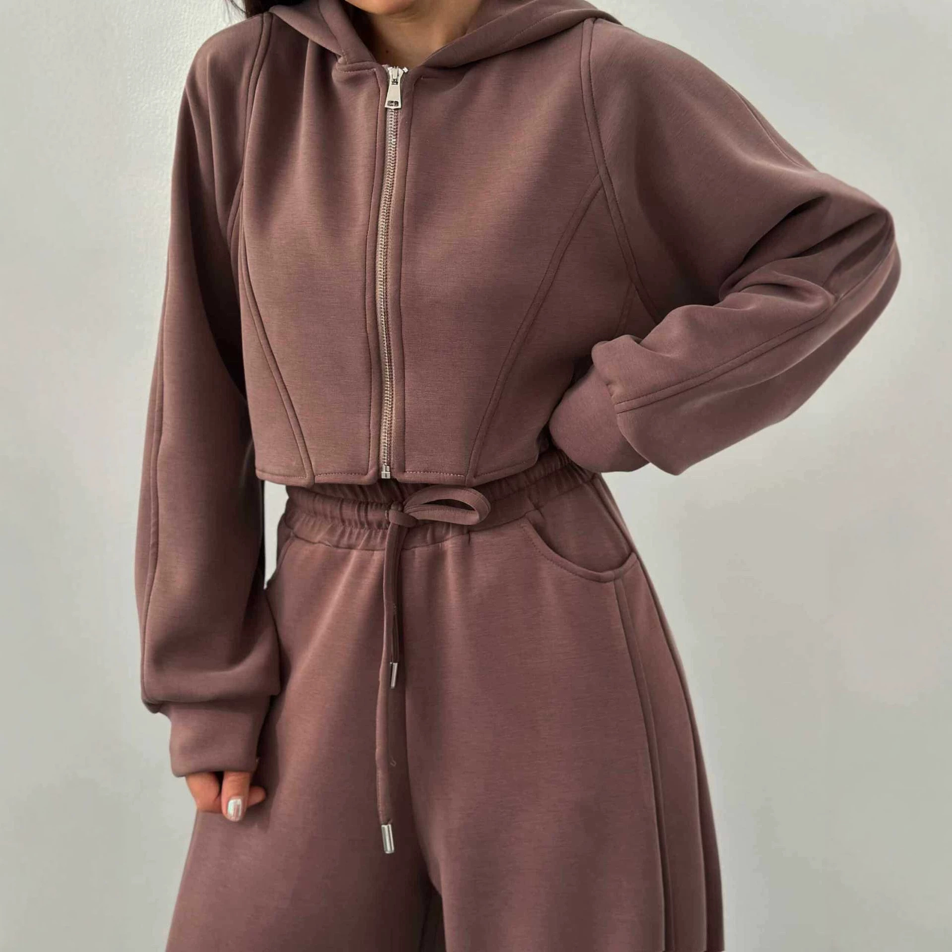 Women's Zip Hooded Track Jacket and Drawstring Pants Two-Piece Set