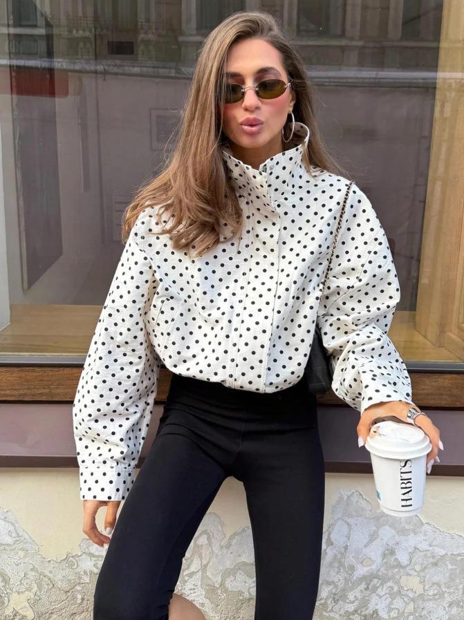 Polka Dot Long Sleeve Loose Fit Zip Jacket with Pockets