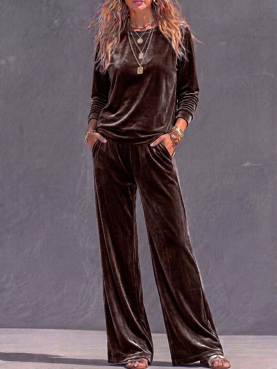 Solid Velvet Crewneck Long-Sleeve Loose Wide-Leg Two-Piece Set