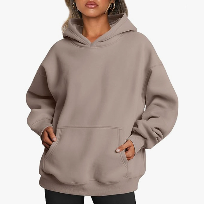 Women's Fleece-Lined Hooded Sweatshirt, Cotton Blend, Loose Fit, Solid Color