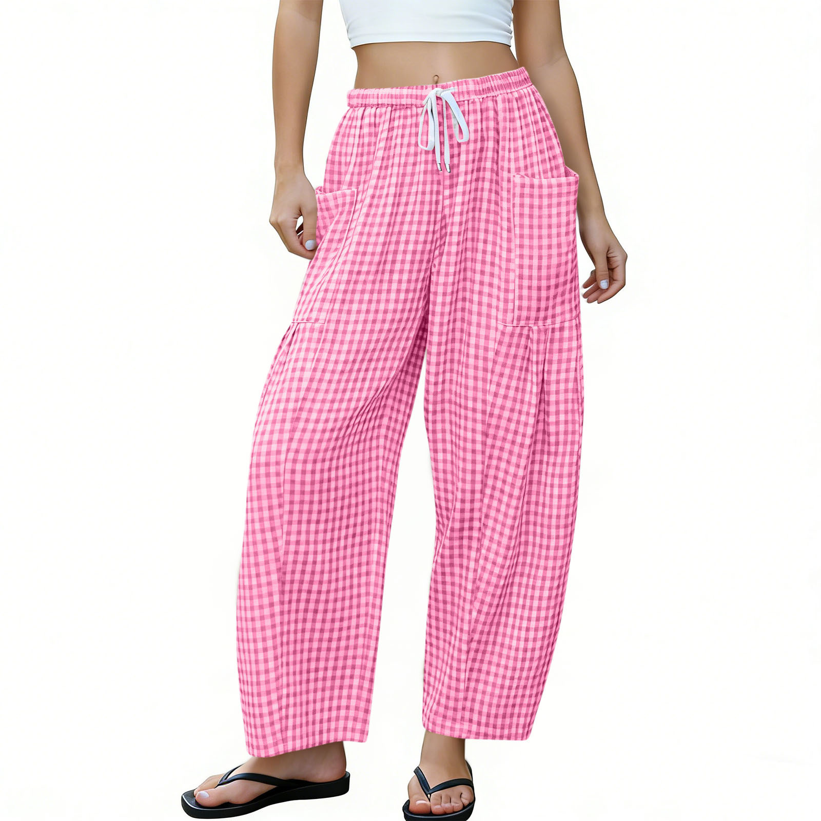 Plaid Wide-Leg Pants for Women High Waist Loose Drapey Floor-Length