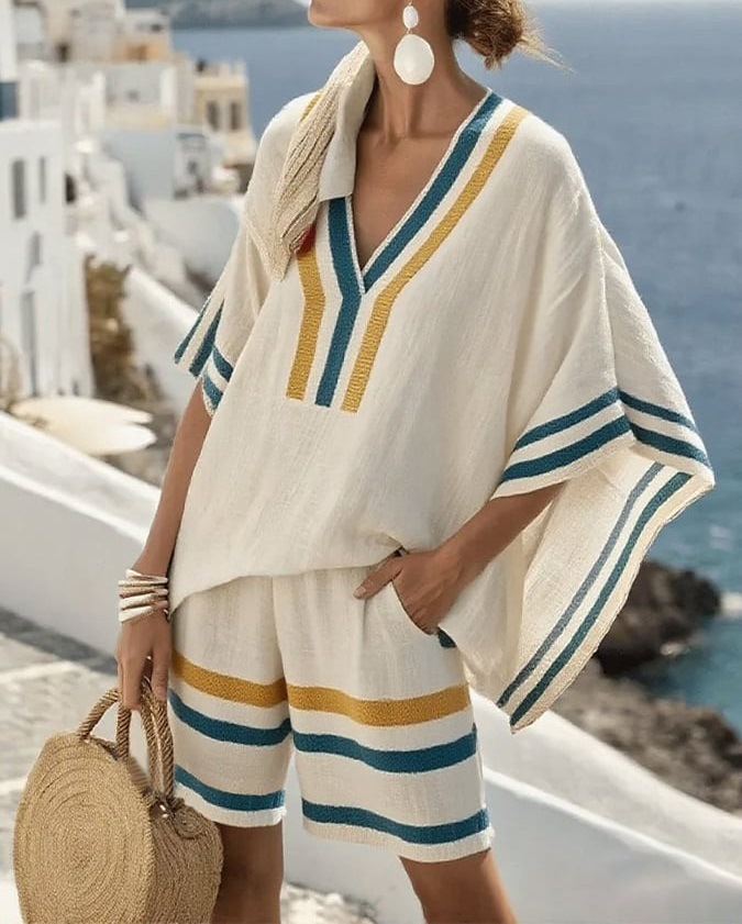 Printed V-Neck T-Shirt and Shorts Set with Faux Linen Look, Relaxed Fit