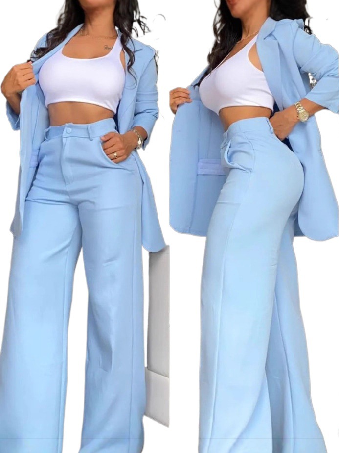 Women's Elegant Solid Color Split-Sleeve Lapel Blazer and Straight Pants Set