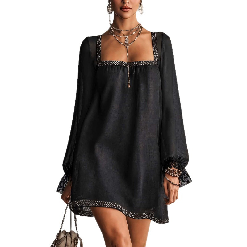 Square Neck Lace Trim A-Line Mini Dress