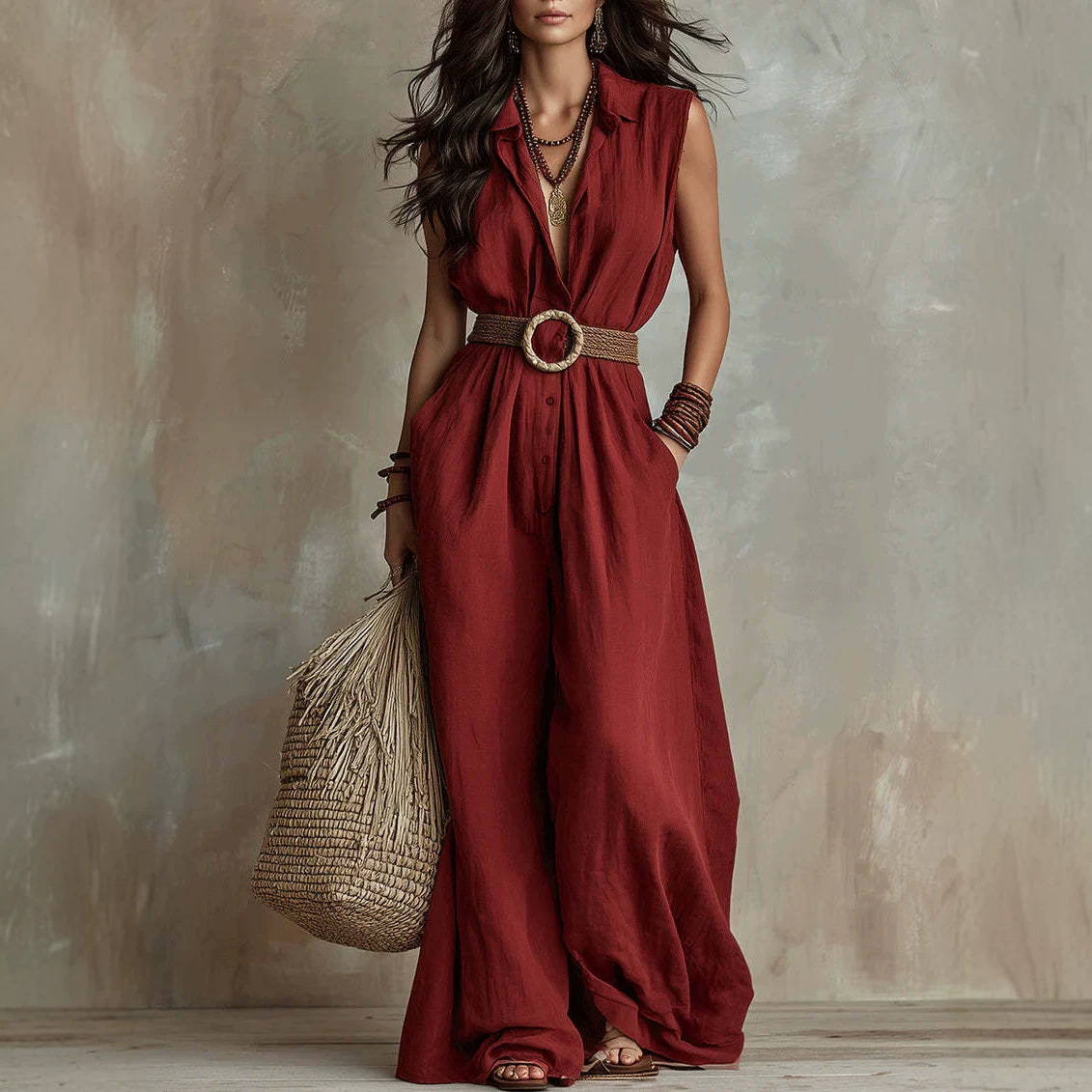 Women's Sleeveless Wide-Leg Jumpsuit with Collar and Waist Tie
