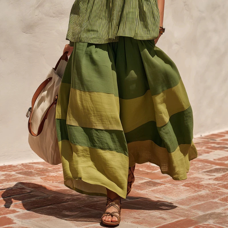 Retro Striped Top and Color-Block Wide-Leg Pants Set
