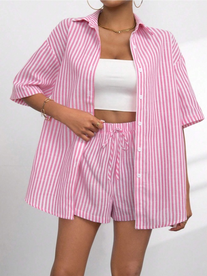 Women's Striped Short Sleeve Two-Piece Set with Collar