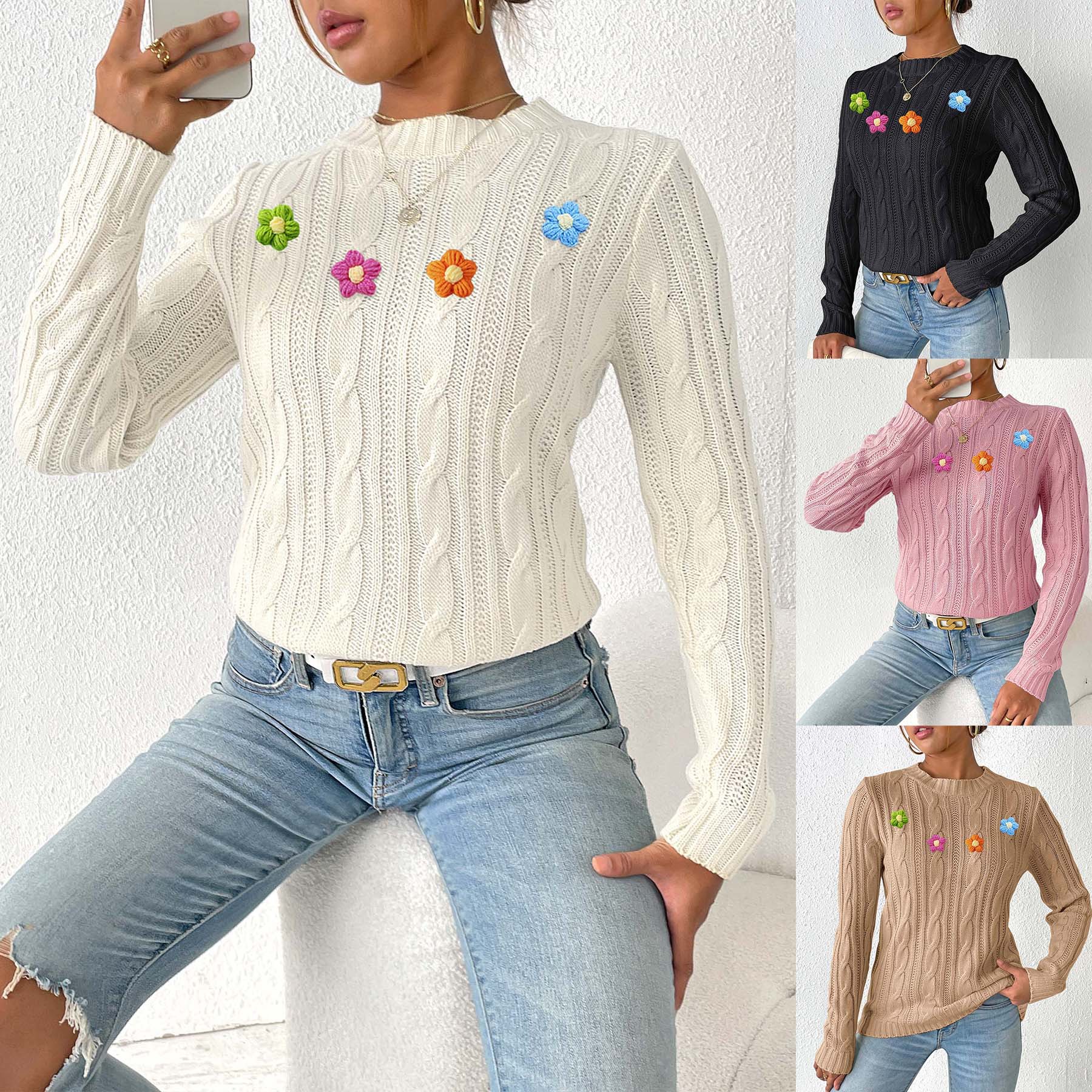 Women's Round Neck Pullover Sweater with Hand-Crochet Floral Appliqué