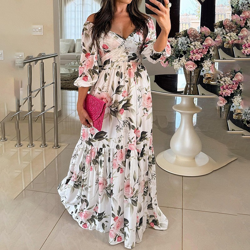 Women's Pleated Floral Print Maxi Dress with V-Neck and High Waist