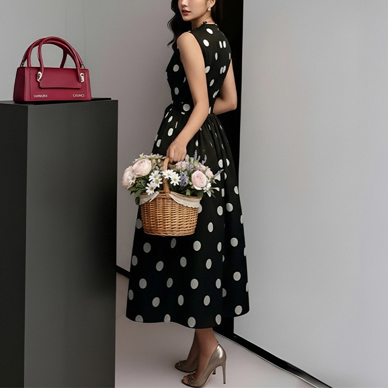 French Vintage Polka Dot High-Waist A-Line Midi Dress