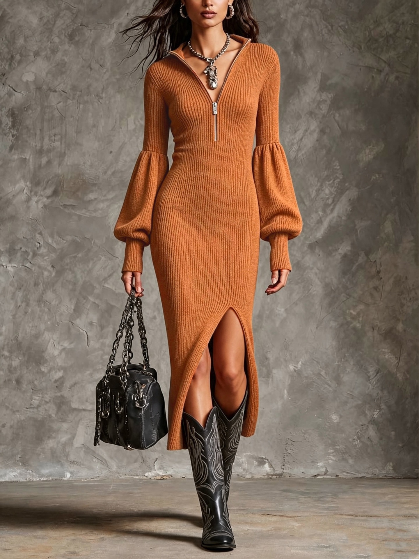 Women's Zip-Up Ribbed Knit Dress with Stand Collar and Lantern Sleeves