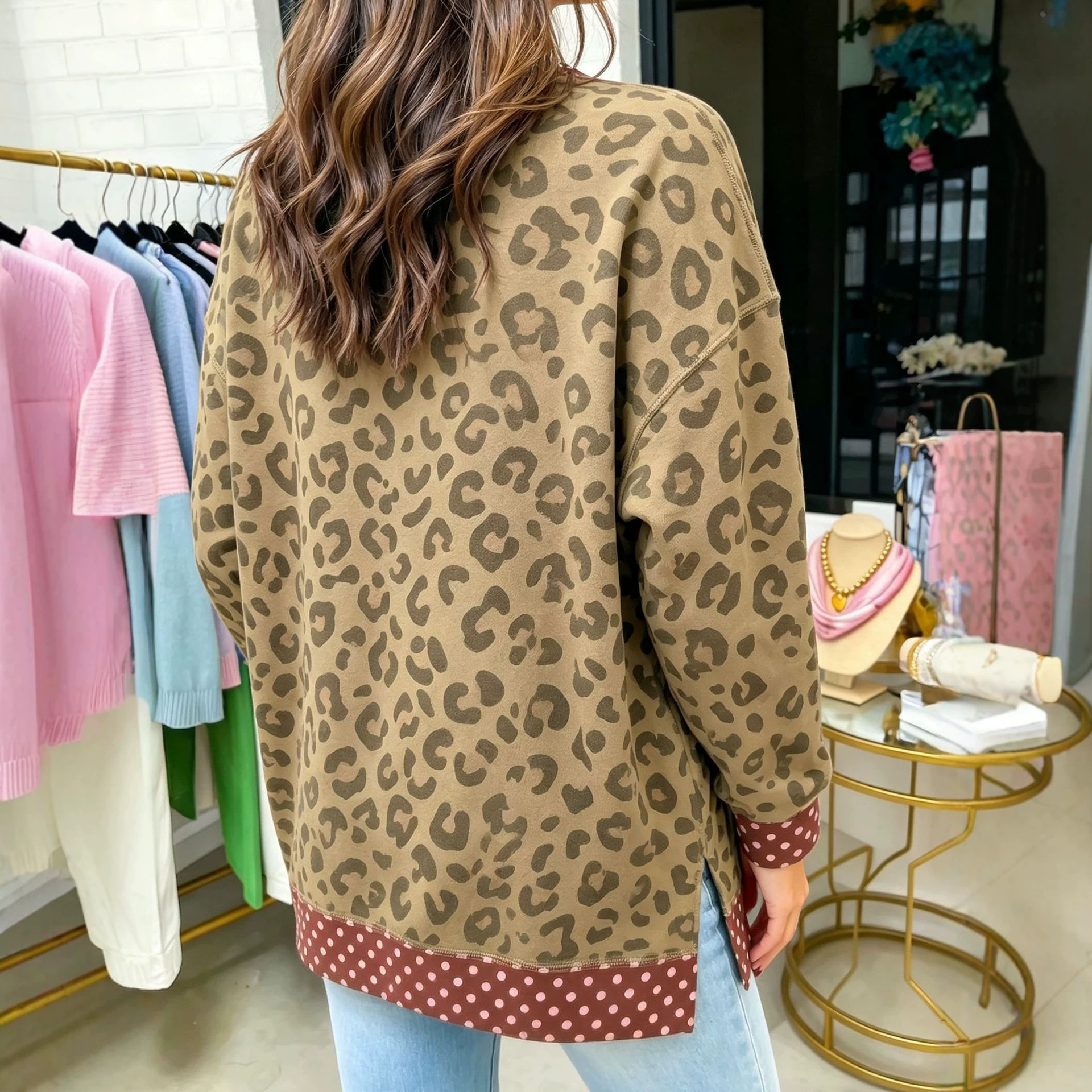 Women's Leopard Print Polka Dot Colorblock Loose Crewneck Sweatshirt